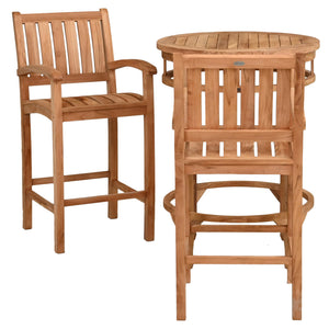 3 Piece Teak Wood Bistro Bar Set Including 32" Round Orleans Bar Table and 2 Abaco Barstools with Arms