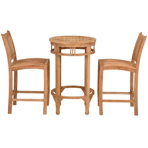 3 Piece Teak Wood Bistro Bar Set Including 27" Round Orleans Bar Table and 2 Abaco Barstools