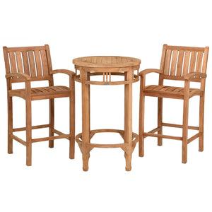 3 Piece Teak Wood Bistro Bar Set Including 27" Round Orleans Bar Table and 2 Abaco Barstools with Arms