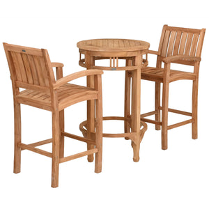 3 Piece Teak Wood Bistro Bar Set Including 27" Round Orleans Bar Table and 2 Abaco Barstools with Arms