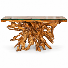 Teak Wood Root Console Table with Glass Top, 72 inches