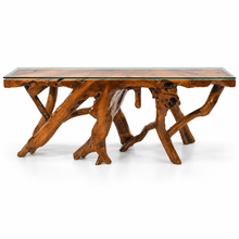 Teak Wood Root Console Table with Glass Top, 72 inches