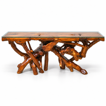 Teak Wood Root Console Table with Glass Top, 72 inches