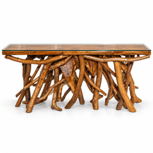 Teak Wood Root Console Table with Glass Top, 72 inches