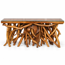 Teak Wood Root Console Table with Glass Top, 72 inches
