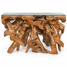 Teak Wood Root Console Table with Glass Top, 48 inches