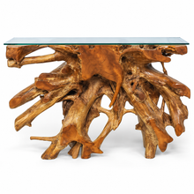 Teak Wood Root Console Table with Glass Top, 48 inches