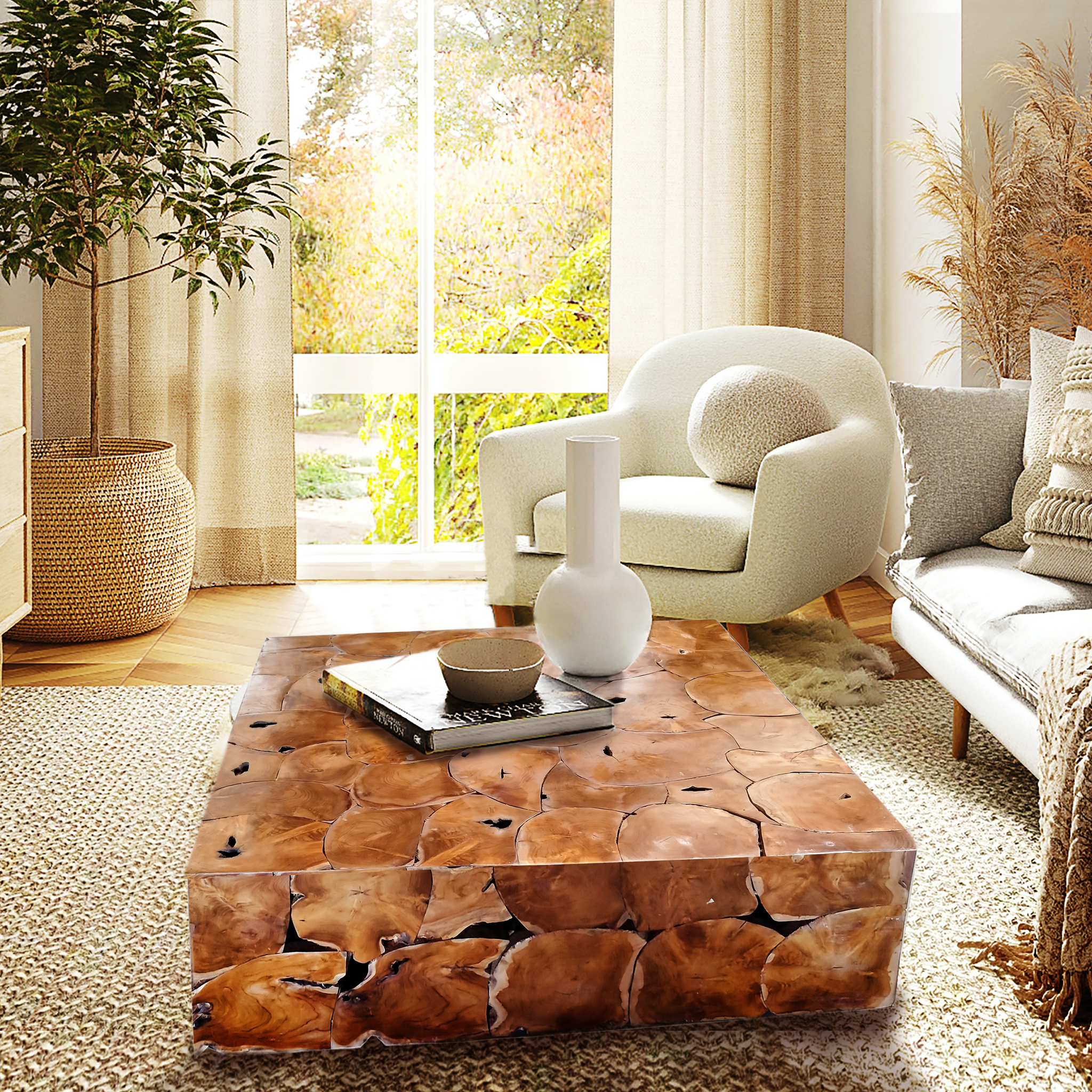 Recycled Teak Wood Square Akar Coffee Table 47 Inch La Place