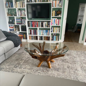 Teak Wood Root Coffee Table Including 43 Inch Round Glass Top