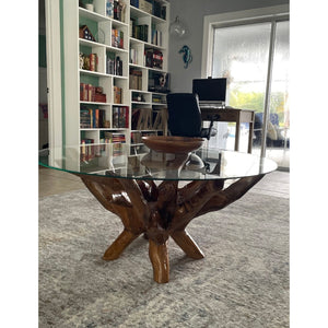 Teak Wood Root Coffee Table Including 43 Inch Round Glass Top