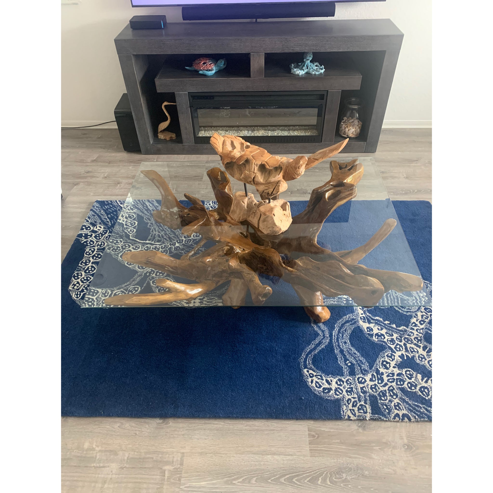 Teak Wood Root Rectangular Coffee Table with 55" x 43" Glass Top – La ...