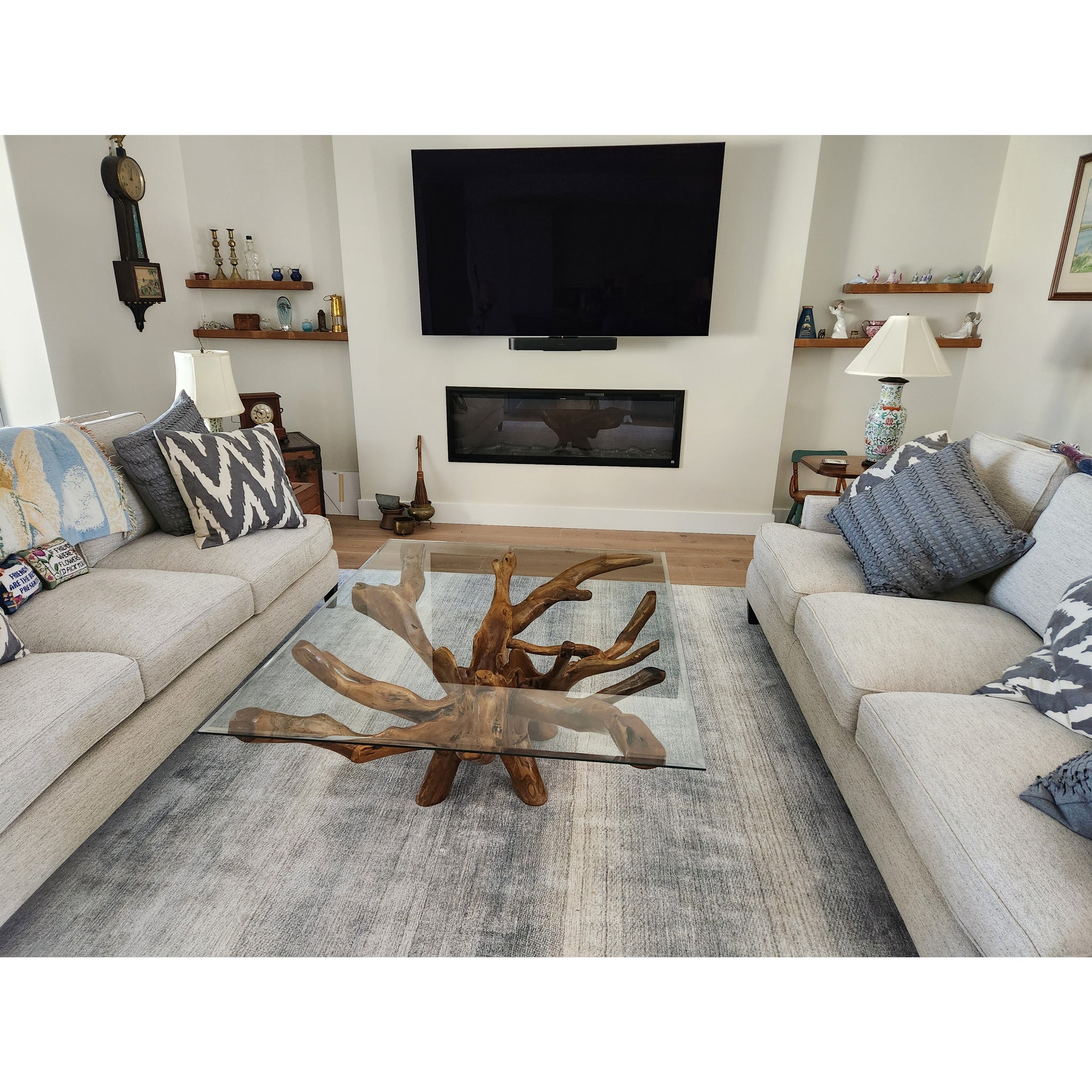 Teak Wood Root Rectangular Coffee Table with 55" x 43" Glass Top – La ...