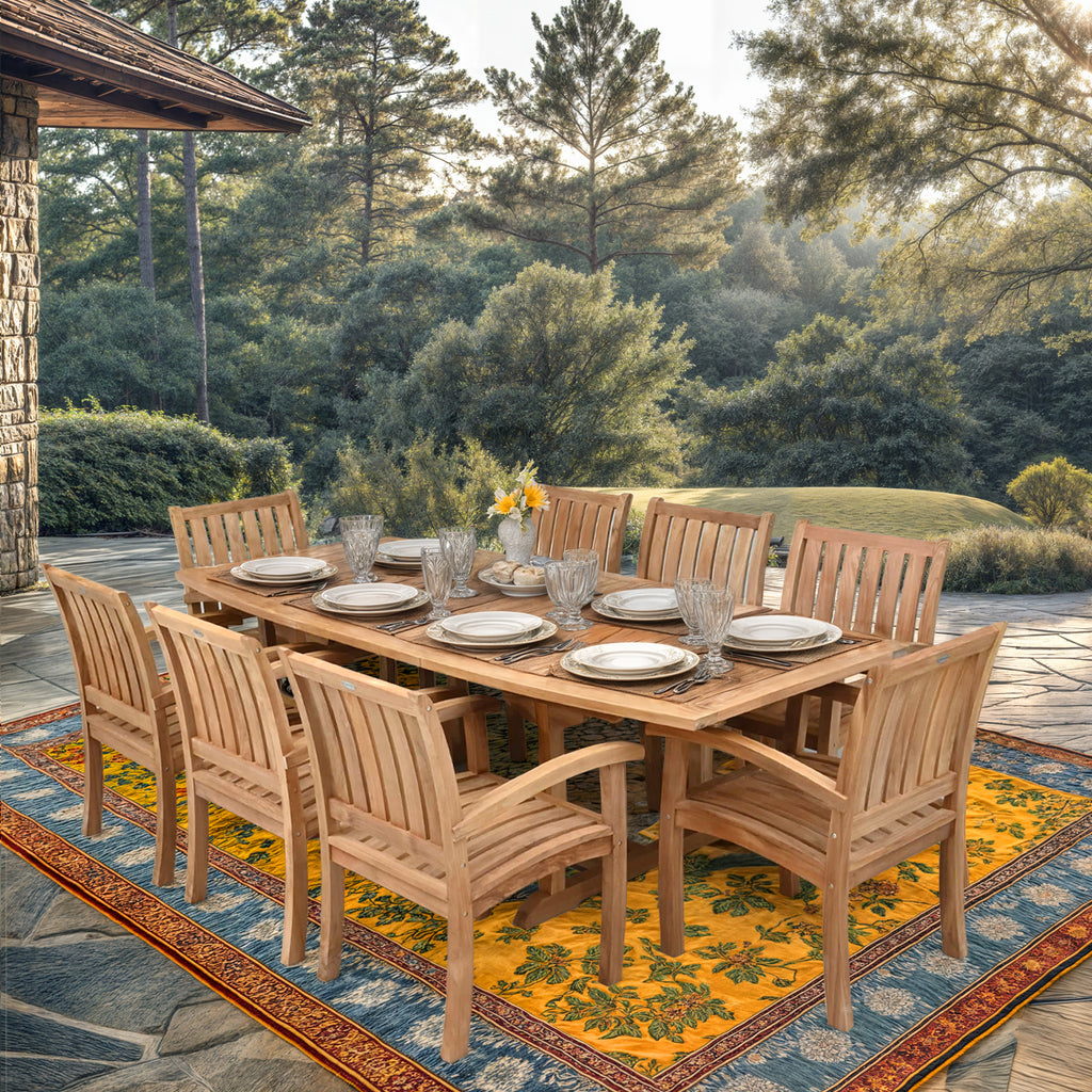 9 Piece Teak Wood Dining Set with Semi-Oval Extension Table and 8 Abac ...
