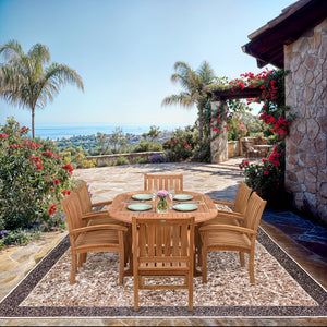 7 Piece Teak Wood Dining Set including Round to Oval Extension Table with 6 Abaco Arm Chairs