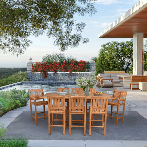 9 Piece Teak Wood Bar Set Including Rectangular Extension Bar Table, 2 Abaco Barstools with Arms & 6 Armless Barstools