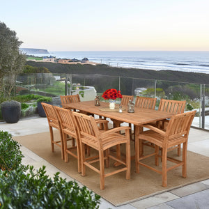 9 Piece Teak Wood Bar Set Including Rectangular Extension Bar Table and 8 Abaco Barstools with Arms