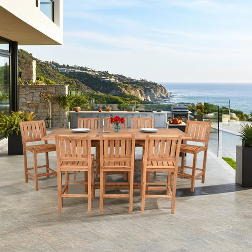 9 Piece Teak Wood Bar Set Including Rectangular Extension Bar Table and 8 Abaco Barstools