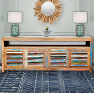 Marina del Rey Chest / Media Center with 4 doors & Raised Shelf made from Recycled Teak Wood Boats - La Place USA Furniture Outlet