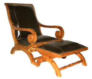 Waxed Teak Wood And Leather Bahama Lazy Chair With Ottoman - La Place USA Furniture Outlet