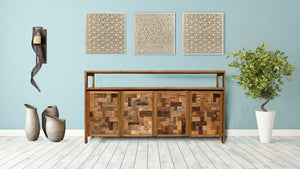 Recycled Teak Wood Mozaik Media Center / Buffet with 4 Wooden Doors - La Place USA Furniture Outlet