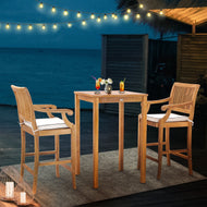 3 Piece Teak Wood Castle Intimate Patio Bistro Bar Set with 27" Bar Table & 2 Barstools with Arms
