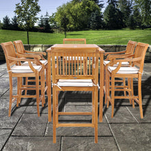 7 Piece Teak Wood Castle 71" Rectangular Large Bistro Bar Set with 6 Barstools with Arms