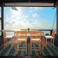 7 Piece Teak Wood Castle 71" Rectangular Large Bistro Bar Set including 6 Barstools