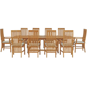 11 Piece Teak Wood West Palm Patio Dining Set including Rectangular Double Extension Table & 10 Arm Chairs