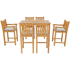 7 Piece Teak Wood Chippendale 55" Rectangular Bistro Bar Set including 2 Arm & 4 Side Bar Chairs