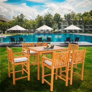 7 Piece Teak Wood Chippendale 55" Rectangular Bistro Bar Set including 6 Bar Chairs with Arms