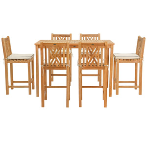 7 Piece Teak Wood Chippendale 63" Rectangular Bistro Bar Set including 6 Bar Chairs
