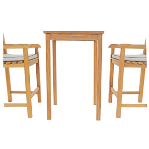 3 Piece Teak Wood Chippendale Intimate Bistro Bar Set with 27" Table and 2 Barstools with Arms