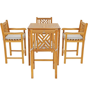 5 Piece Teak Wood Chippendale Bistro Bar Set with 35" Table and 4 Barstools with Arms