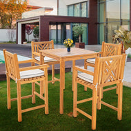 5 Piece Teak Wood Chippendale Bistro Bar Set with 35" Table and 4 Barstools with Arms