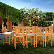 11 Piece Teak Wood Elzas Rectangular Extension Table Bar Dining Set with 10 Barstools