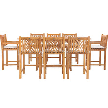 9 Piece Teak Wood Chippendale Rectangular Extension Table Bar Dining Set including 8 Barstools with Arms