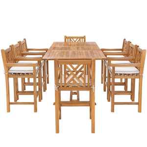 9 Piece Teak Wood Chippendale Rectangular Extension Table Bar Dining Set including 8 Barstools with Arms
