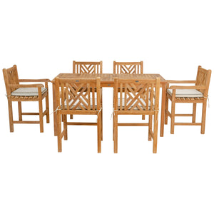 7 Piece Teak Wood Chippendale 71" Rectangular Bistro Counter Dining Set including 6 Counter Stools with Arms