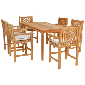 7 Piece Teak Wood Chippendale 71" Rectangular Bistro Counter Dining Set including 6 Counter Stools with Arms