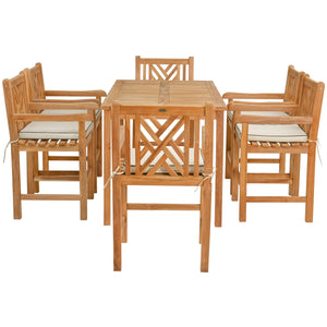 7 Piece Teak Wood Chippendale 63" Rectangular Bistro Counter Dining Set including 6 Counter Stools with Arms