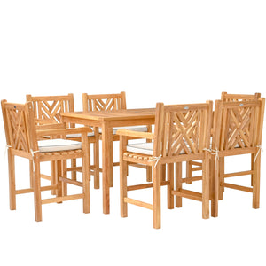 7 Piece Teak Wood Chippendale 55" Rectangular Bistro Counter Set including 6 Counter Stools w/ Arms