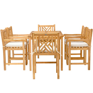 7 Piece Teak Wood Chippendale 55" Rectangular Bistro Counter Set including 6 Counter Stools w/ Arms