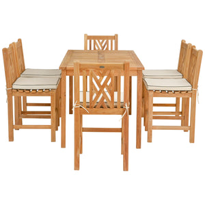 7 Piece Teak Wood Chippendale 63" Rectangular Bistro Counter Dining Set including 6 Counter Stools
