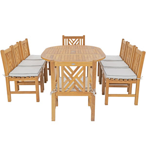 9 Piece Teak Wood Chippendale Dining Set including Round to Oval Extension Table, 2 Arm Chairs & 6 Side Chairs