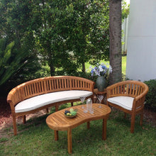 3 Piece Teak Wood Peanut Patio Lounge Set, Triple Bench, Chair & Coffee Table
