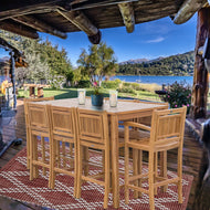 9 Piece Teak Wood Maldives Patio Bistro Bar Set, 71" Bar Table, 2 Barstools with Arms and 6 Armless Barstools