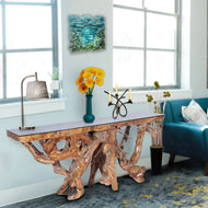 Teak Wood Root Console Table with Glass Top, 72 inches - La Place USA Furniture Outlet