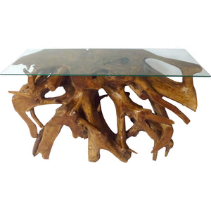Teak Wood Root Console Table with Glass Top, 48 inches - La Place USA Furniture Outlet