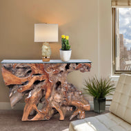 Teak Wood Root Console Table with Glass Top, 48 inches - La Place USA Furniture Outlet