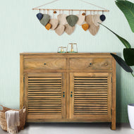 Recycled Teak Wood Louvre Cabinet with 2 Doors & 2 Drawers - La Place USA Furniture Outlet